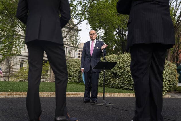 Director of the National Economic Council Larry Kudlow speaks to members of the media outside the White House in Washington DC, on Tuesday, April 7, 2020. Kudlow says the administration is looking into offering a coronavirus-related Treasury bond to spur investment.  wax20200407107 JIMxLOxSCALZO