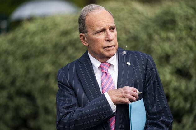 Director of the National Economic Council Larry Kudlow speaks to members of the media outside the White House in Washington DC, on Tuesday, April 7, 2020. Kudlow says the administration is looking into offering a coronavirus-related Treasury bond to spur investment.  wax20200407108 JIMxLOxSCALZO