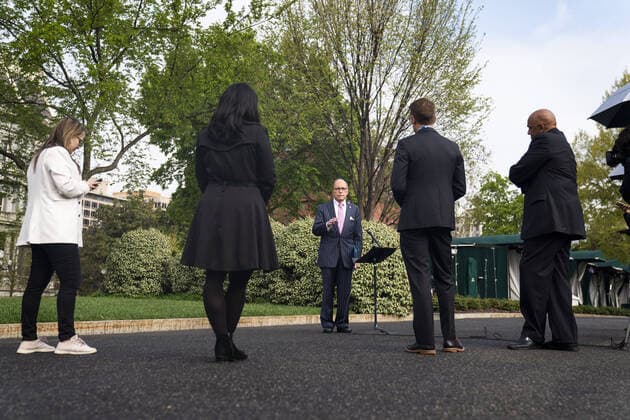 Director of the National Economic Council Larry Kudlow speaks to members of the media outside the White House in Washington DC, on Tuesday, April 7, 2020. Kudlow says the administration is looking into offering a coronavirus-related Treasury bond to spur investment.  wax20200407109 JIMxLOxSCALZO