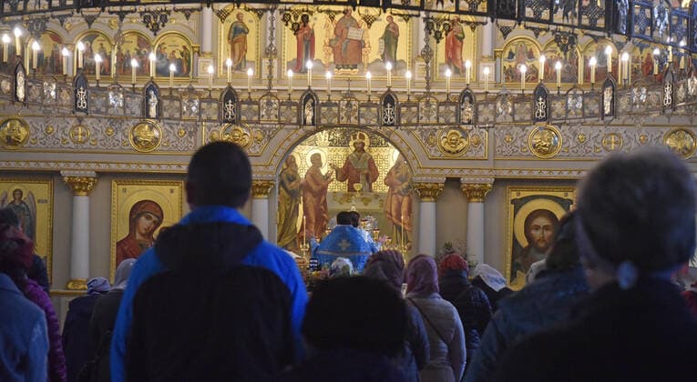 STAVROPOL TERRITORY, RUSSIA - APRIL 7, 2020: Russian Orthodox believers attend a service in the Cathedral of Christ the Saviour Healing An Infirm Man At The Pool of Bethesda, on the feast day of the Annunciation, in the city of Pyatigorsk. Anton Podgaiko TASS  TS0D4B1D