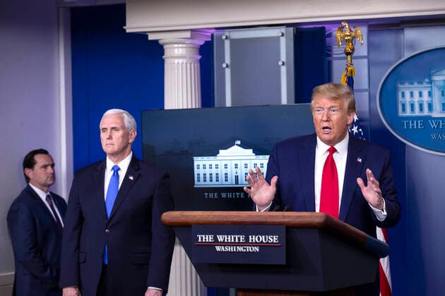 United States President Donald J. Trump, joined by members of the Coronavirus Task Force, delivers remarks on the COVID-19 pandemic in the James S. Brady Press Briefing Room of the White House in Washington D.C., U.S. on Monday, April 6, 2020. The United States has now reached 10,000 deaths caused by the novel Coronavirus, as officials debate the effectiveness of hydroxychloroquine, a drug used to treat malaria, to also treat the Coronavirus. Copyright: xStefanixReynoldsx xCNPx MediaPunchx