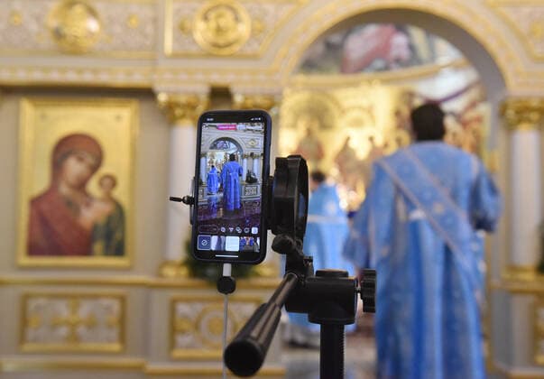 STAVROPOL TERRITORY, RUSSIA - APRIL 7, 2020: Live streaming a service in the Cathedral of Christ the Saviour Healing An Infirm Man At The Pool of Bethesda, on the feast day of the Annunciation, in the city of Pyatigorsk, during the pandemic of the novel coronavirus (COVID-19). Anton Podgaiko TASS  TS0D4B89