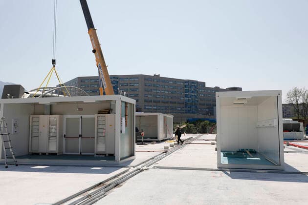 April 7, 2020, Naples, CAMPANIA, ITALY: 07 04 2020 Naples, 50 trucks containing medical equipment have arrived from Veneto for the preparation of the Ospedale del Mare in Ponticelli which will soon become a Covid center. All the material was purchased from the Campania Region. Naples ITALY - ZUMAs236 20200407_zap_s236_009 Copyright: xFabioxSassox
