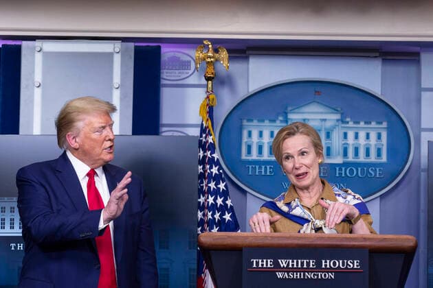 United States President Donald J. Trump, left, gestures as Deborah Birx, coronavirus response coordinator, speaks during a news conference on the COVID-19 pandemic in the James S. Brady Press Briefing Room of the White House in Washington D.C., U.S. on Monday, April 6, 2020. The United States has now reached 10,000 deaths caused by the novel Coronavirus, as officials debate the effectiveness of hydroxychloroquine, a drug used to treat malaria, to also treat the Coronavirus. Copyright: xStefanixReynoldsx xCNPx MediaPunchx