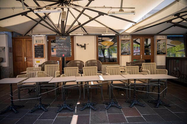 April 7, 2020, Ljubljana, Slovenia: Empty cafes and restaurants are seen in city centre of Ljubljana..Slovenia entered into 4th week of lockdown, where all restaurants, cafes and bars are closed due to the coronavirus outbreak..Slovenia Health Ministry recorded a total of 1,059 infections, 36 death and 102 recovered since the beginning of the Coronavirus (Covid-19) outbreak. Ljubljana Slovenia - ZUMAs197 20200407_zaa_s197_117 Copyright: xJurexMakovecx
