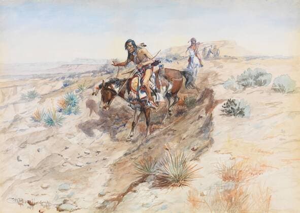 BRAVE INDIANS, by Charles M. Russell, 1899, American watercolor painting. Russell worked as a Montana rancher at age 16 and documented the harsh winter of 1886Ã‚â€“1887 in a number of watercolors at age 22. By 1892 he became a full time artist with deep knowledge of Western life (BSLOC_2017_11_90) For usage credit please use; !ACHTUNG AUFNAHMEDATUM GESCHÃ„TZT! PUBLICATIONXNOTxINxCANxCHNxFRAxITAxJPNxNORxPOLxRUSxESPxUKxUSA Copyright: xCourtesyxEverettxCollectionx HISL045 EC602