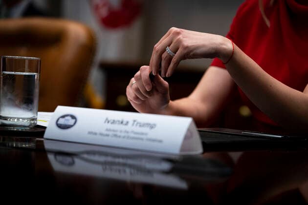 April 7, 2020, Washington, District of Columbia, USA: First Daughter and Advisor to the President Ivanka Trump listens to US President Donald J. Trump as he makes remarks during a Small Business Relief Update, Tuesday, April 7, 2020. President Trump announced in March that companies affected by the coronavirus will be given $50 billion more in low-interest loans federally guaranteed by the Small Business Administration. .Credit: Pool via CNP Washington USA - ZUMAs152 20200407_zaa_s152_024 Copyright: xDougxMillsx