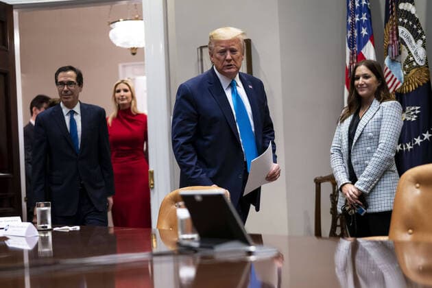 President Donald Trump arrives with Treasury Secretary Steve Mnuchin and Ivanka Trump, the daughter of President Donald Trump to participate in a Small Business Relief Update, at the White House in Washington, DC on Tuesday, April 7, 2020. President Donald Trump announced in March that companies affected by the coronavirus will be given $50 billion more in low-interest loans federally guaranteed by the Small Business Administration. Pool photo by Doug Mills  WAX20200407202 DOUGxMILLS