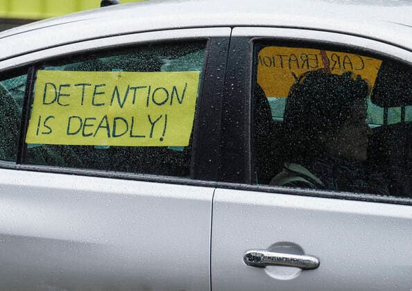 April 7, 2020, Los Angeles, California, U.S: Amid fears of the coronavirus pandemic, protesters drive their cars and trucks in a noisy procession in otherwise mostly silent, empty streets in downtown Los Angeles, Tuesday, April 7, 2020. The demonstration is designed to persuade county leaders to release the incarcerated from detention centers into homes where they can be monitored away from jails that have become breeding grounds for the virus. Los Angeles U.S. - ZUMAc68_ 20200407_zaf_c68_003 Copyright: xRingoxChiux
