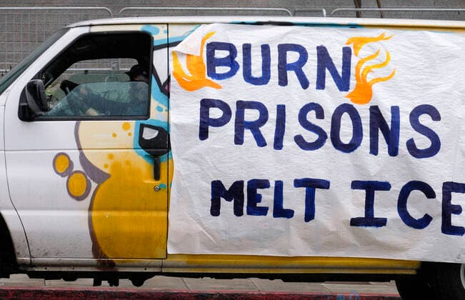 April 7, 2020, Los Angeles, California, U.S: Amid fears of the coronavirus pandemic, protesters drive their cars and trucks in a noisy procession in otherwise mostly silent, empty streets in downtown Los Angeles, Tuesday, April 7, 2020. The demonstration is designed to persuade county leaders to release the incarcerated from detention centers into homes where they can be monitored away from jails that have become breeding grounds for the virus. Los Angeles U.S. - ZUMAc68_ 20200407_zaf_c68_007 Copyright: xRingoxChiux