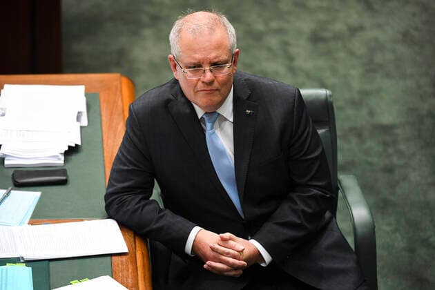 QUESTION TIME, Australian Prime Minister Scott Morrison reacts during House of Representatives Question Time at Parliament House in Canberra, Wednesday, April 8, 2020. ( NO ARCHIVING, EDITORIAL USE ONLY, NO USE IN BOOKS WITHOUT CONSENT CANBERRA ACT AUSTRALIA  Copyright: xLUKASxCOCHx 20200408001462315677