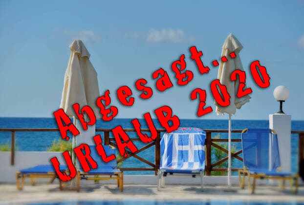 08.04.2020, Symbolbild: Sommerurlaub 2020 der Deutschen wird wohl abgesagt, die Corona-Krise muss erst ausgestanden sein. Foto: Griechenland, Insel Kreta. Ferien im Fischerdorf Sissi im Nordosten der Insel. EIn BAdetuch mit Griechischer Nationalflagge liegt einsam und verlassen auf einer leeren Sonnenliege am Hotelpool. (Foto-Collage) 19.06.2015, Symbolbild Urlaub 2020 19.06.2015, Symbolbild Urlaub 2020