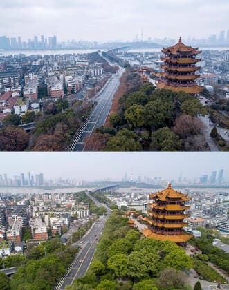 (200408) -- WUHAN, April 8, 2020 -- Aerial combo photo shows the Yellow Crane Tower and the Yangtze River Bridge in Wuhan, central China s Hubei Province on Jan. 26, 2020 (upper) and on April 8, 2020. With long lines of cars streaming through expressway tollgates and masked passengers boarding trains, the megacity of Wuhan in central China lifted outbound travel restrictions on Wednesday after almost 11 weeks of lockdown imposed to stem the COVID-19 outbreak ) CHINA-HUBEI-WUHAN-LIFE-RESUMING (CN) XiongxQi 