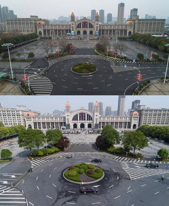 (200408) -- WUHAN, April 8, 2020 -- Combo aerial photo shows an overall view of the Hankou Railway Station in Wuhan, central China s Hubei Province on Feb. 10, 2020 (upper) and on April 8, 2020. With long lines of cars streaming through expressway tollgates and masked passengers boarding trains, the megacity of Wuhan in central China lifted outbound travel restrictions on Wednesday after almost 11 weeks of lockdown imposed to stem the COVID-19 outbreak ) CHINA-HUBEI-WUHAN-LIFE-RESUMING (CN) XiaoxYijiu 