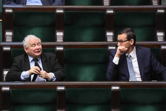 9th Special Sitting of the Sejm during the coronavirus outbreak Jaroslaw Kaczynski, Mateusz Morawiecki 9th Special Sitting of the Sejm during the coronavirus outbreak on April 08, 2020 in Warsaw, Poland EN_01422587_1486 