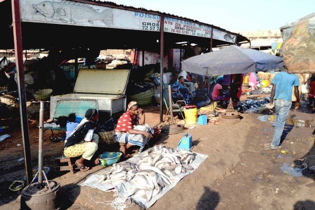 Quelques vendeuses de poisson devant leurs etals Ã meme le sol sans client a cause du coronavirus dans au marche du Medina Ã Bamako, le 05 Avril 2021. Le Mali a enregistre a ce jour: 45 cas confirmÃ s, 3 morts et 1 guerison. Le gouvernement malien a instaure depuis le 26 mars 2020 un couvre-feu de 21h a 5h. Some fish sellers in front of their stalls on the ground without a customer because of the coronavirus in the Medina market in Bamako, on April 05, 2021. Mali has recorded to date: 45 confirmed cases, 3 deaths and 1 healing. The Malian government has instituted a curfew from 9 p.m. to 5 a.m. since March 26, 2020. Bamako Mali Copyright: xAmadouxKeita AfrikimagesxAgencyx