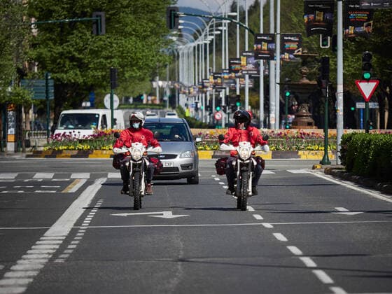 April 8, 2020, Pamplona, Navarra, SPAIN: Red Cross volunteers on motorcycles during the fourth week after the Government declared the state of alarm in Spain and recommended people to stay at home to fight coronavirus COVID-19 on April 8, 2020 in Pamplona, Spain Pamplona SPAIN - ZUMAa181 47124069st Copyright: xEduardoxSanzx