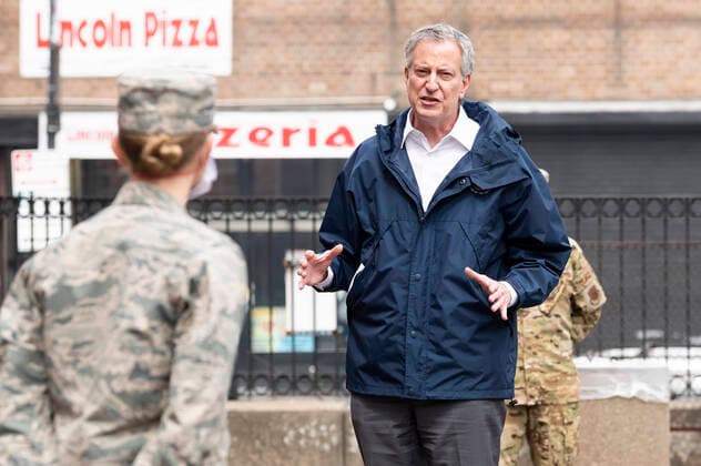 April 8, 2020, Bronx, NY, U.S: April 8, 2020 - Bronx, NY, United States: New York City Mayor BILL DE BLASIO (D) welcoming members of the United States Air Force who have been deployed to Lincoln Hospital. The mayor is seen here in a courtyard of Lincoln Hospital with U.S. Air Force personnel. Bronx U.S. - ZUMAb161 20200408_zap_b161_013 Copyright: xMichaelxBrochsteinx