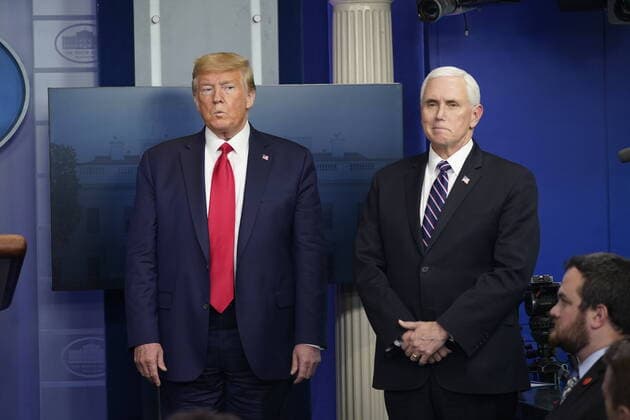 United States President Donald Trump and Vice President Mike Pence participate in a news briefing with members of the Coronavirus Task Force at the White House on Wednesday, April 8, 2020 in Washington DC.  WAX20200408905 CHRISxKLEPONIS