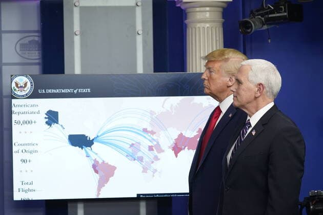 United States President Donald Trump and Vice President Mike Pence participate in a news briefing with members of the Coronavirus Task Force at the White House on Wednesday, April 8, 2020 in Washington DC.  WAX20200408914 CHRISxKLEPONIS