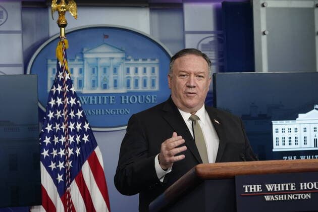 United States Secretary of State Mike Pompeo and United States President Donald Trump participate in a news briefing with members of the Coronavirus Task Force at the White House on Wednesday, April 8, 2020 in Washington DC.  WAX20200408916 CHRISxKLEPONIS