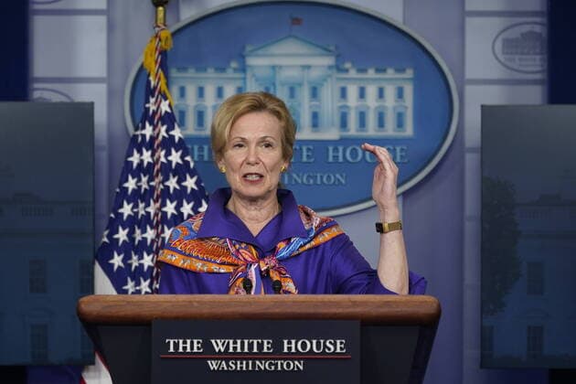 Deborah Birx participates in a news briefing with members of the Coronavirus Task Force at the White House on Wednesday, April 8, 2020 in Washington DC.  WAX20200408940 CHRISxKLEPONIS