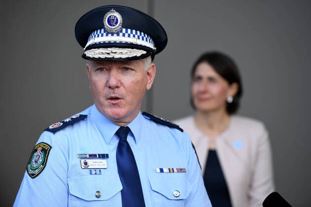 GLADYS BEREJIKLIAN CORONAVIRUS PRESSER, NSW Police Commissioner Mick Fuller speaks to the media during a press conference in Sydney, Thursday, April 9, 2020. NSW has recorded its lowest daily rise in coronavirus cases in more than three weeks as detectives seize evidence from the ill-fated Ruby Princess cruise ship. ( NO ARCHIVING, EDITORIAL USE ONLY, NO USE IN BOOKS WITHOUT CONSENT SYDNEY NSW AUSTRALIA  Copyright: xJOELxCARRETTx 20200409001462531140