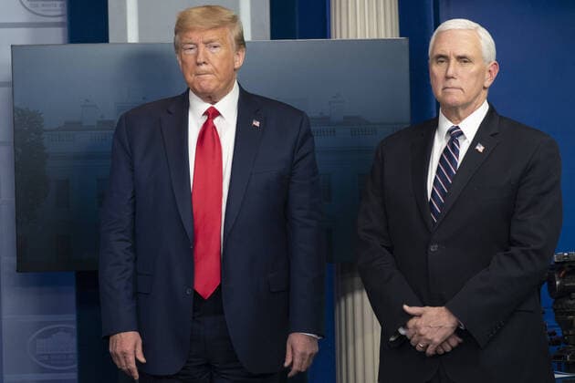 United States President Donald Trump and Vice President Mike Pence participate in a news briefing with members of the Coronavirus Task Force at the White House on Wednesday, April 8, 2020 in Washington DC.  WAX20200408955 CHRISxKLEPONIS
