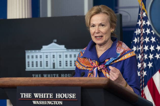 White House Coronavirus Response Coordinator Ambassador Deborah Birx participates in a news briefing with members of the Coronavirus Task Force at the White House on Wednesday, April 8, 2020 in Washington DC.  WAX20200408973 CHRISxKLEPONIS