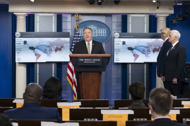 United States Secretary of State Mike Pompeo participates in a news briefing with members of the Coronavirus Task Force at the White House on Wednesday, April 8, 2020 in Washington DC.  WAX20200408979 CHRISxKLEPONIS