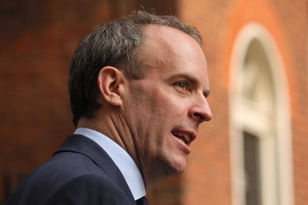 (200409) -- LONDON, April 9, 2020 (Xinhua) -- British Foreign Secretary Dominic Raab arrives at 10 Downing Street for a meeting in London, Britain on April 8, 2020. During Wednesday s Downing Street daily press briefing, Chancellor of the Exchequer Rishi Sunak said Prime Minister Boris Johnson s condition is improving and remains in intensive care. Johnson was admitted to St Thomas Hospital in London with persistent symptoms on Sunday night, 10 days after testing positive for COVID-19. He was moved into intensive care on Monday night after his coronavirus symptoms worsened. (Photo by Tim Ireland Xinhua) UK-LONDON-COVID-19-PM-SITUATION 