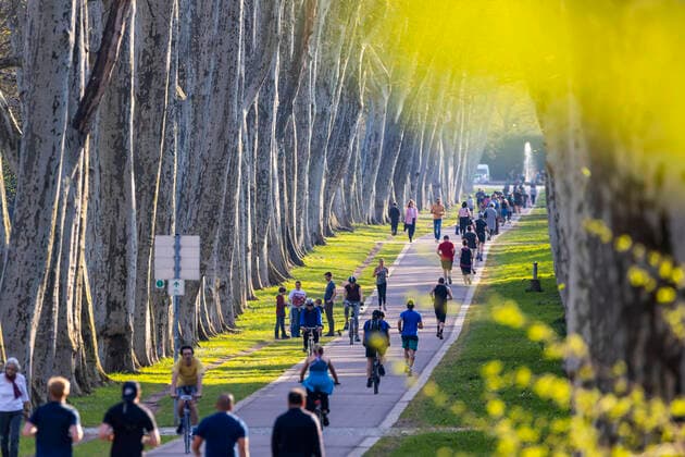 DEU, Deutschland, Baden-Württemberg, Stuttgart, 09.04.2020: Platanenallee im Unteren Schlossgarten in Stuttgart. Bei Frühlingswetter und fast schon sommerlichen Temperaturen hielten sich die meisten an die Regeln und hielten Abstand.