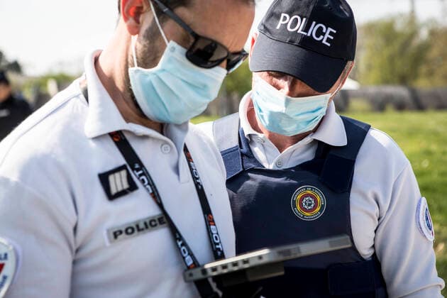A French policeman uses a drone to check the surroundings of the closed German-French border in Strasbourg, eastern France, on April 9, 2020, on the 24th day of a strict lockdown in France to stop the spread of COVID-19 NEWS : Covid 19 Coronavirus en France - Strasbourg - 09 04 2020 ElyxandroCEGARRA PANORAMIC 