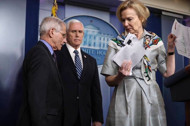 April 9, 2020, Washington, District of Columbia, USA: Dr. Deborah L. Birx, White House Coronavirus Response Coordinator, walks out of the podium next to Director of the National Institute of Allergy and Infectious Diseases at the National Institutes of Health Dr. Anthony Fauci during a press briefing with members of the coronavirus task force in the Brady Press Briefing Room of the White House on April 9, 2020 in Washington, DC. Looking on is United States Vice President Mike Pence Washington USA - ZUMAs152 20200409_zaa_s152_036 Copyright: xOliverxContrerasx