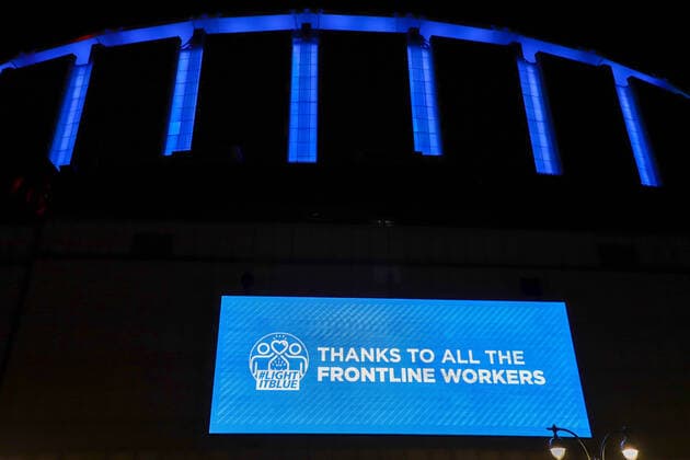 April 9, 2020, New York, New York, United States: Madison Square Garden is lit up with blue lights in honor of healthcare professionals in Manhattan in New York City, United States this Thursday, 09. New York City is the epicenter of the Coronavirus pandemic New York United States - ZUMAv122 20200409_zap_v122_067 Copyright: xWilliamxVolcovx