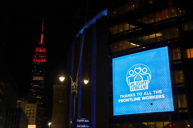 April 9, 2020, New York, New York, United States: Madison Square Garden is lit up with blue lights in honor of healthcare professionals in Manhattan in New York City, United States this Thursday, 09. New York City is the epicenter of the Coronavirus pandemic New York United States - ZUMAv122 20200409_zap_v122_095 Copyright: xWilliamxVolcovx