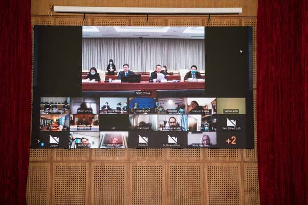 (200410) -- CAIRO, April 10, 2020 -- Photo taken on April 9, 2020 shows the video conference hosted by the Cairo-based Arab League in Cairo, Egypt. Chinese and Arab medical experts held on Thursday a video conference hosted by the Cairo-based Arab League (AL) to share experience and expertise on the ways to combat COVID-19. ) EGYPT-CAIRO-CHINESE & ARAB MEDICAL EXPERTS-COVID-19-VIDEO CONFERENCE WuxHuiwo 