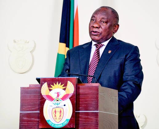 (200410) -- PRETORIA, April 10, 2020 (Xinhua) -- South African President Cyril Ramaphosa speaks during a televised speech in Pretoria, South Africa, April 9, 2020. South African President Cyril Ramaphosa on Thursday announced that the country s lockdown aimed at stemming the spread of COVID-19 would be extended for another two weeks. South Africa has been under a 21-day lockdown for two weeks already. (Xinhua) SOUTH AFRICA-PRETORIA-COVID-19-EXTENDED LOCKDOWN 