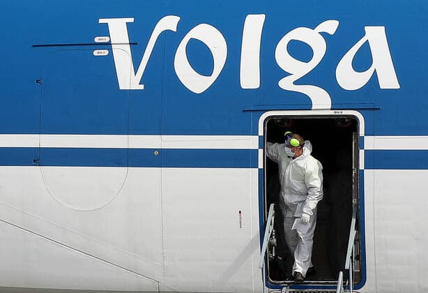 KAZAN, RUSSIA - APRIL 10, 2020: An Antonov An-124 Ruslan transport aircraft carrying 6 million medical masks and equipment for production of means of individual protection at Kazan International Airport. The delivery was ordered by Tatneft. Yegor Aleyev TASS  TS0D520F