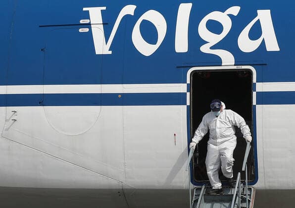 KAZAN, RUSSIA - APRIL 10, 2020: An Antonov An-124 Ruslan transport aircraft carrying 6 million medical masks and equipment for production of means of individual protection at Kazan International Airport. The delivery was ordered by Tatneft. Yegor Aleyev TASS  TS0D5229