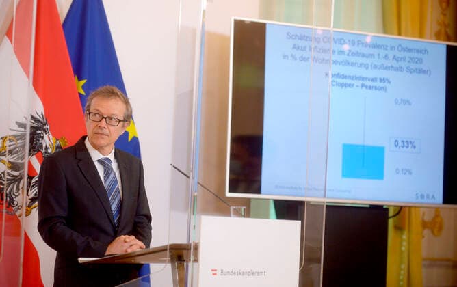 Wien 10.04.2020, Wien, AUT, Akutelle Entwicklungen zur Coronaerkrankung in Oesterreich, Pressekonferenz zu einer repraesentativen Stichprobenerhebung zu Covid19-Erkrankungen, im Bild Christoph Hofinger (SORA) Christoph Hofinger (SORA) during a press conference on a representative sample survey on Covid19 diseases of Austrian Goverment about the Coronavirus Pandemie at the Wien, Austria on 2020 04 10.