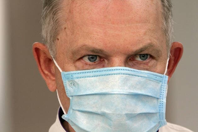 DNIPRO, UKRAINE - APRIL 10, 2020 - Chief Doctor of the Dnippropetrovsk Regional Clinical Hospital n.a. Illia Mechnykov Serhii Ryzhenko is pictured during the conference on preventive measures to counter the spread of coronavirus in Ukraine, Dnipro, southeastern Ukraine. Conference on coronavirus held in Dnipro  Copyright: xMykolaxMyakshykovx