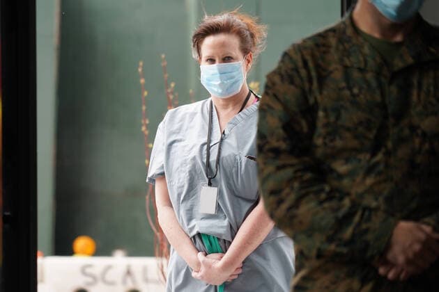 April 10, 2020, New York, New York, USA: Military and health care workers line up for lunch at the World Central Kitchen community kitchen, operated by Chef Jose Andres and Chefs for America, .The Javits Center,NYC.April 10, 2020.Photos by Sonia Moskowitz. New York USA - ZUMAm334 20200410_zep_m334_006 Copyright: xSoniaxMoskowitzxGordonx
