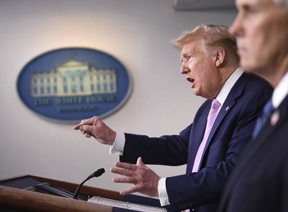 President Donald Trump speaks at a Coronavirus briefing at the White House on Friday, April 10, 2020, in Washington, DC. With the U.S. death toll from the coronavirus pandemic expected to peak over the weekend, most of the country will be firmly under stay-at-home orders on Easter Sunday.  WAS2020410539 KEVINxDIETSCH