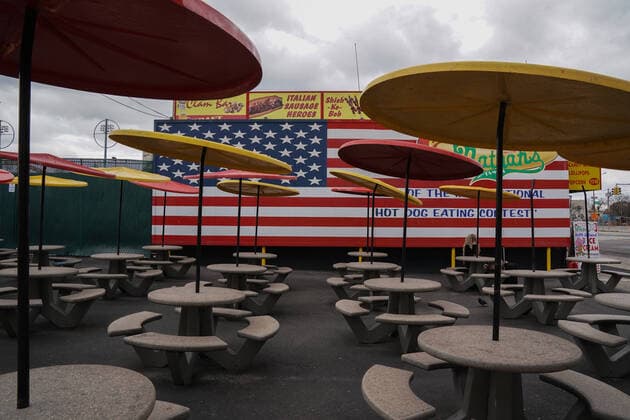 April 10, 2020, New York, NY, USA: Empty tables at NathanÃ¢â‚¬â ¢s Famous Hotdog stand in the Coney Island section of the Borough of Brooklyn on April 10, 2020 in New York. New York USA - ZUMAb148 20200410_zap_b148_040 Copyright: xBryanxSmithx