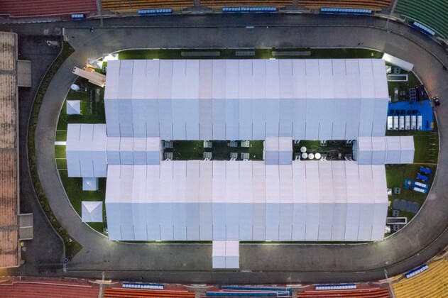 SÃO PAULO, SP - 10.04.2020: FIELD HOSPITAL IN PACAEMBU - Drone photos, taken from the field hospital at the Pacaembu stadium, created for the Covid-19 crisis, in São Paulo, SP. x1903242x  AndrexChaco