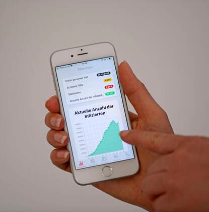 11.04.2020, Coronavirus-App auf einem Smartphone. Grün die Zahl der in Deutschland derzeitig aktuellen Infektions-Fälle mit Corona-Virus (Stand 11.04.2020). 11.04.2020, Coronavirus-App auf dem Smartphone 11.04.2020, Coronavirus-App auf dem Smartphone