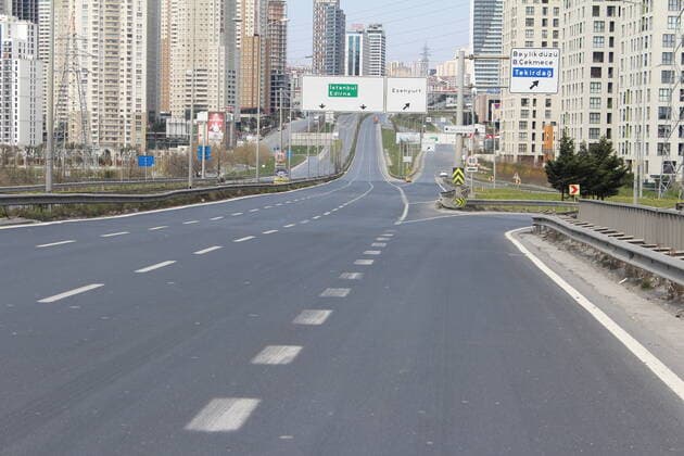 As a Coronavirus protection Turkey strated a curfew from saturday 00:01 for 31 big citys that starts with Istanbul effective immediately. On saturday the streets of Istanbul was really bare. It seems like the people are implementing the curfew , Istanbul , Turkey on April 11 , 2020. 