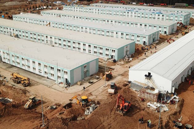 MOSCOW, RUSSIA - APRIL 11, 2020: An aerial view of the construction site of a new infectious diseases hospital for COVID-19 coronavirus patients by the village of Golokhvastovo. Mikhail Japaridze TASS  TS0D5529