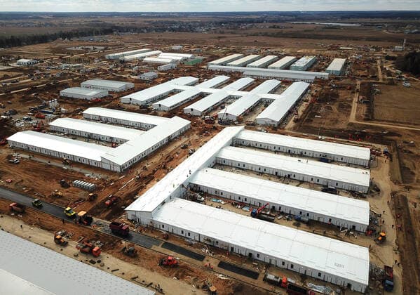 MOSCOW, RUSSIA - APRIL 11, 2020: An aerial view of the construction site of a new infectious diseases hospital for COVID-19 coronavirus patients by the village of Golokhvastovo. Mikhail Japaridze TASS  TS0D552A